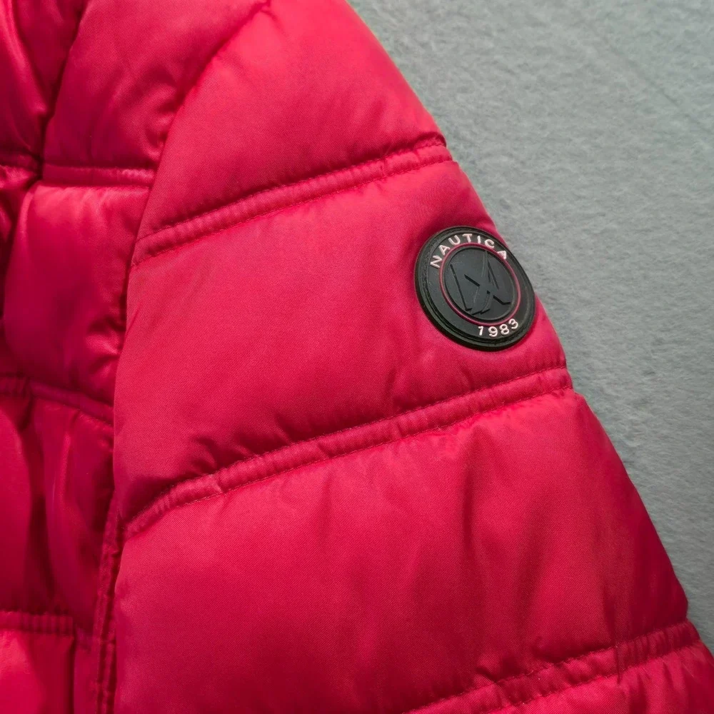 Nautica Women's Red Quilted Puffer Jacket – Faux-Fur Collar Hooded‎ Size Medium